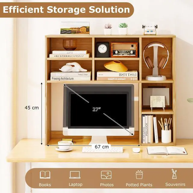Alt view image 3 of 7 - Wooden Desktop Bookshelf, Countertop Desk Hutch w/ 7 Cubes & Adjustable Shelves, Anti-toppling Kits, Table Top Organizer Shelf Fits Monitors up to 27 for Dorm, Office, Study (Burlywood)