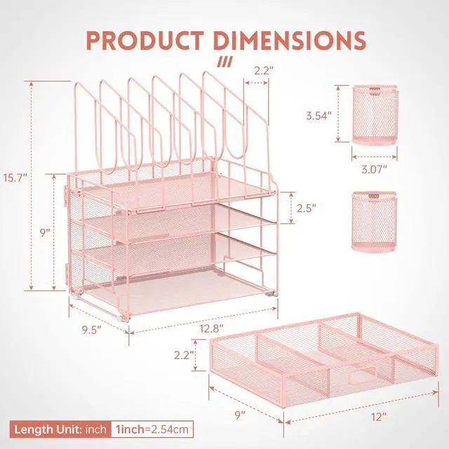 Alt view image 3 of 6 - 4-Tier Mesh Desk Organizer with Drawer, Desktop Organizer with 5 Vertical File Holders and 2 Pen Holders, File Organizer for Desk, Multifunction Office Desk Accessories, Pink