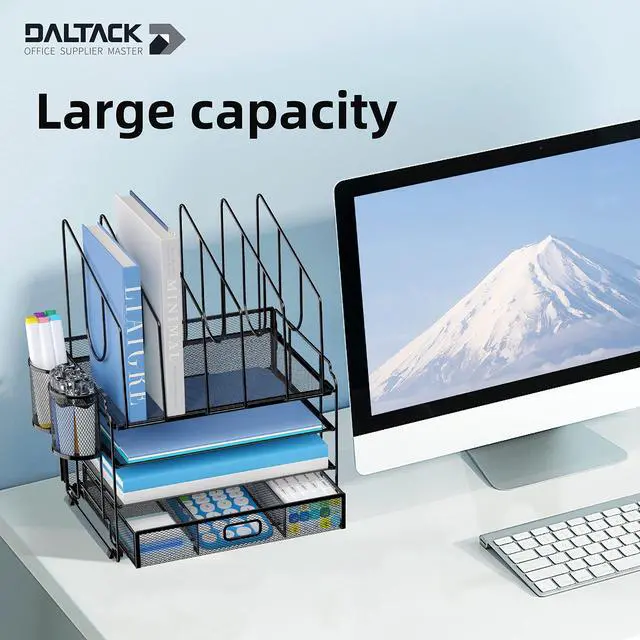 Alt view image 2 of 6 - 4-Tier Mesh Desk Organizer with Drawer, Desktop Organizer with 5 Vertical File Holders and 2 Pen Holders, File Organizer for Desk, Multifunction Office Desk Accessories, Black