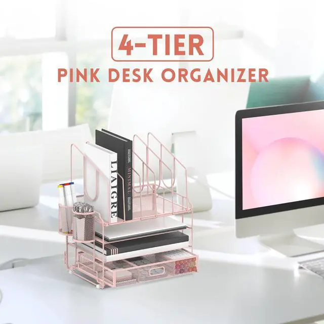 Alt view image 2 of 6 - 4-Tier Mesh Desk Organizer with Drawer, Desktop Organizer with 5 Vertical File Holders and 2 Pen Holders, File Organizer for Desk, Multifunction Office Desk Accessories, Pink