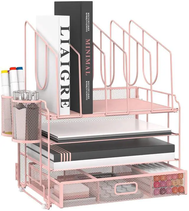 Main image of 4-Tier Mesh Desk Organizer with Drawer, Desktop Organizer with 5 Vertical File Holders and 2 Pen Holders, File Organizer for Desk, Multifunction Office Desk Accessories, Pink