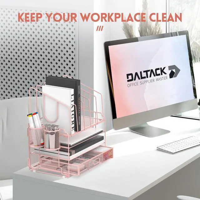 Alt view image 5 of 6 - 4-Tier Mesh Desk Organizer with Drawer, Desktop Organizer with 5 Vertical File Holders and 2 Pen Holders, File Organizer for Desk, Multifunction Office Desk Accessories, Pink