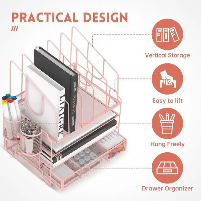 Alt view image 4 of 6 - 4-Tier Mesh Desk Organizer with Drawer, Desktop Organizer with 5 Vertical File Holders and 2 Pen Holders, File Organizer for Desk, Multifunction Office Desk Accessories, Pink