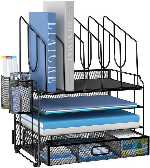 Main image of 4-Tier Mesh Desk Organizer with Drawer, Desktop Organizer with 5 Vertical File Holders and 2 Pen Holders, File Organizer for Desk, Multifunction Office Desk Accessories, Black