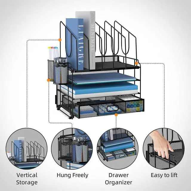 Alt view image 3 of 6 - 4-Tier Mesh Desk Organizer with Drawer, Desktop Organizer with 5 Vertical File Holders and 2 Pen Holders, File Organizer for Desk, Multifunction Office Desk Accessories, Black