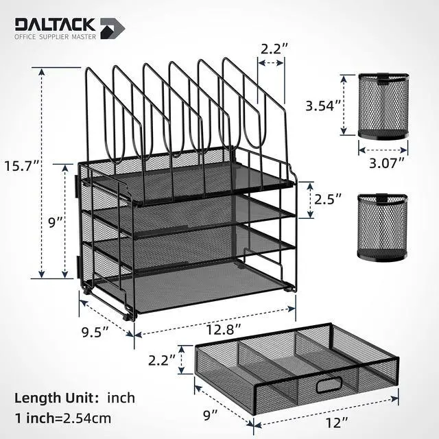 Alt view image 4 of 6 - 4-Tier Mesh Desk Organizer with Drawer, Desktop Organizer with 5 Vertical File Holders and 2 Pen Holders, File Organizer for Desk, Multifunction Office Desk Accessories, Black