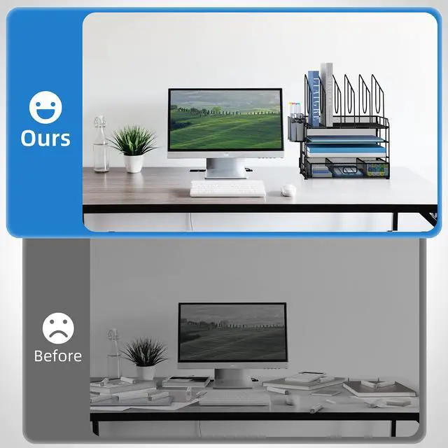 Alt view image 6 of 6 - 4-Tier Mesh Desk Organizer with Drawer, Desktop Organizer with 5 Vertical File Holders and 2 Pen Holders, File Organizer for Desk, Multifunction Office Desk Accessories, Black