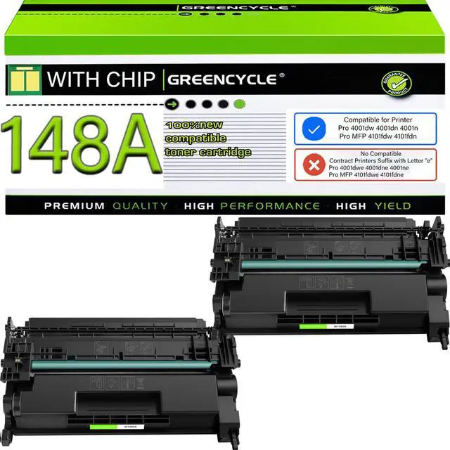 Main image of Compatible 148A Black Toner Cartridge for HP Laser Jet 4001n 4101fdw | 2-pack W1480A with chip, black toner. Works with HP Laser Jet Pro 4001dn, 4001dw, MFP 4101fdn. High page yield
