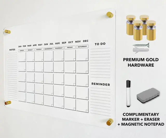 Alt view image 4 of 7 - Premium Dry Erase Acrylic Wall Calendar Ultra-Clear - Customizable Wall Calendar 2026 Office Board Reusable Whiteboard Dry Erase Planner Family Calendar Calendar w Marker (28x20" - Gold Standoff)