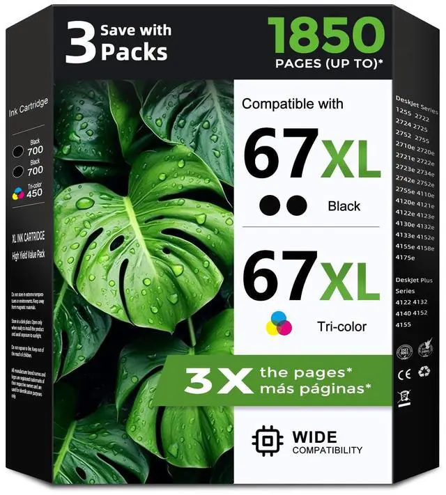 Main image of 67XL Ink Cartridges 3-Pack Replacement for HP Ink 67 XL HP67 HP67XL Cartridge Black/Color Combo Pack for 2700 2852e 2855e 4155e 2755e 2734e 4100 2700e 4100e 6400 2752 2752e 6055e 2742e 6458e Printer