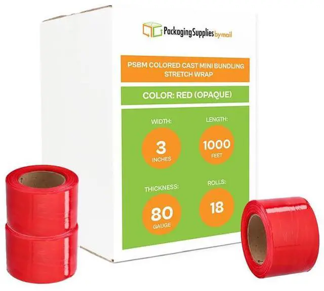 Main image of PSBM 18 Rolls Dark Red 3 Inch x 1000 Feet 80 Gauge Mini Stretch Film/Wrap with Plastic Handle, Heavy Duty Industrial Strength Shrink/Plastic Wrap for Moving, Packing, Shipping, Bundling & Storage