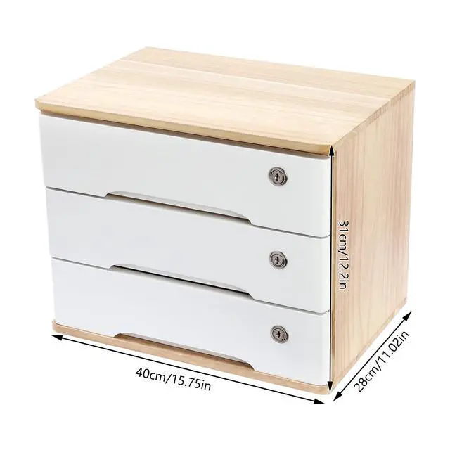 Alt view image 3 of 7 - Desk Organizer with 3 Drawers, Wooden Desktop Storage Cabinet File Holder with Locks and Keys, Storage Organizer Filing Case for Office Bedroom Home, L15.8*W11*H12.2in, Wood & White