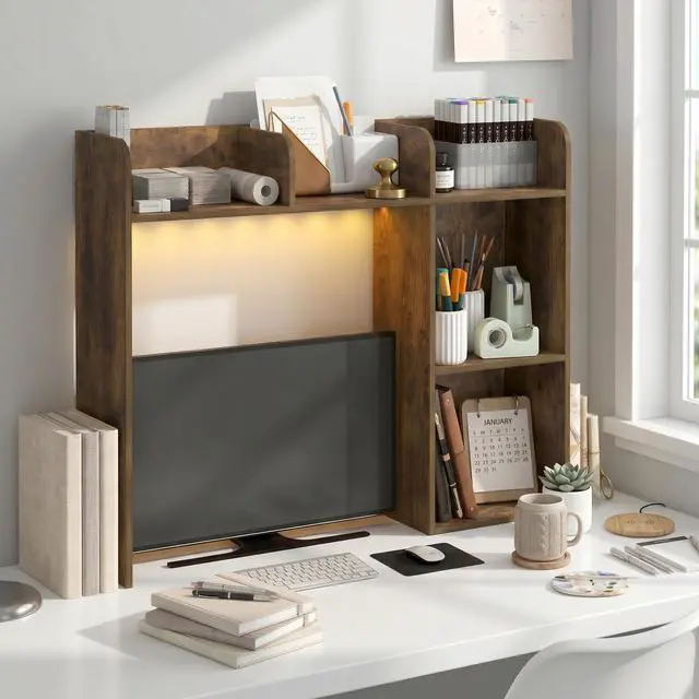 Alt view image 5 of 7 - Classic Desk Shelf with LED Lights, 5-Shelf Hutch, Amber Pine | LED Desktop Book Shelf, Desk Organzier, for Office Supplies, Office Desk Accessories