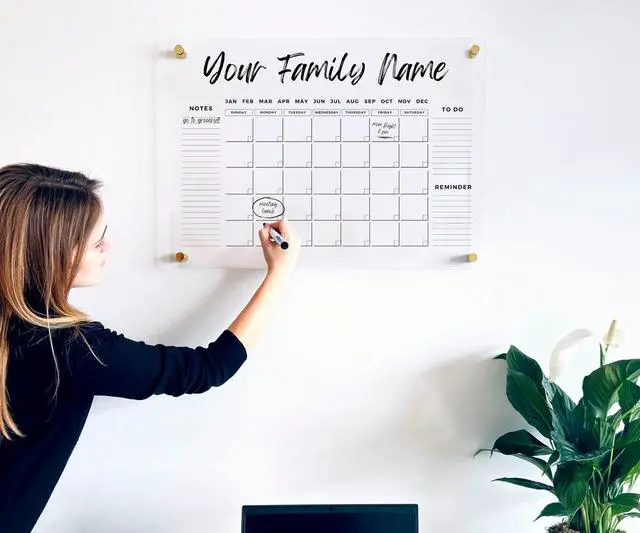 Alt view image 3 of 7 - Premium Dry Erase Acrylic Wall Calendar Ultra-Clear - Customizable Wall Calendar 2026 Office Board Reusable Whiteboard Dry Erase Planner Family Calendar Calendar w Marker (28x20" - Gold Standoff)