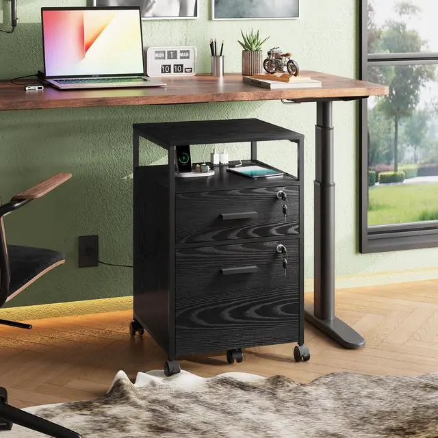 Alt view image 2 of 7 - 2 Drawer File Cabinet with Lock and Charging Station | Wood Filing Cabinet fits A4 or Letter Size, Mobile Printer Stand with Open Storage Shelf for Home Office, Black