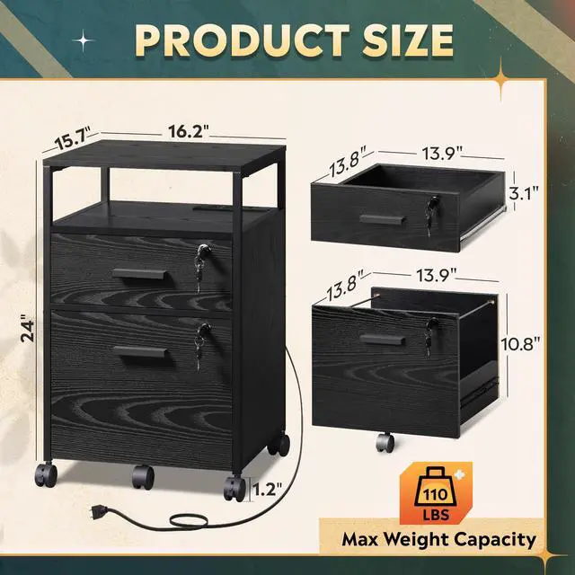 Alt view image 3 of 7 - 2 Drawer File Cabinet with Lock and Charging Station | Wood Filing Cabinet fits A4 or Letter Size, Mobile Printer Stand with Open Storage Shelf for Home Office, Black