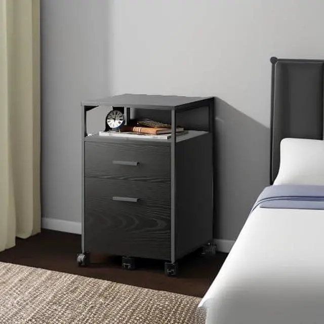 Alt view image 6 of 7 - 2 Drawer File Cabinet with Lock and Charging Station | Wood Filing Cabinet fits A4 or Letter Size, Mobile Printer Stand with Open Storage Shelf for Home Office, Black