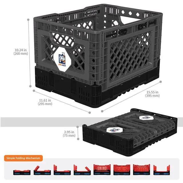 Alt view image 5 of 7 - Heavy Duty Collapsible & Stackable Plastic Milk Crate - Snap Lock Foldable Industrial Garage Storage Bin Container Utility Tote Basket (Charcoal Gray, 1 Small Crate)