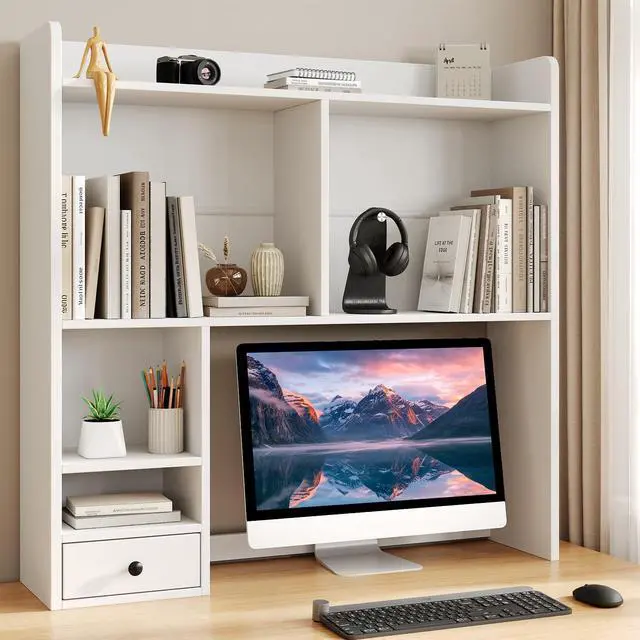 Main image of Desktop Bookshelf for 27" Monitor, Space-Saving Engineered Wood Desk Hutch Organizer with Adjustable Shelves & Drawer, Clutter-Free Tabletop Bookcase for Dorm & Home Office, White