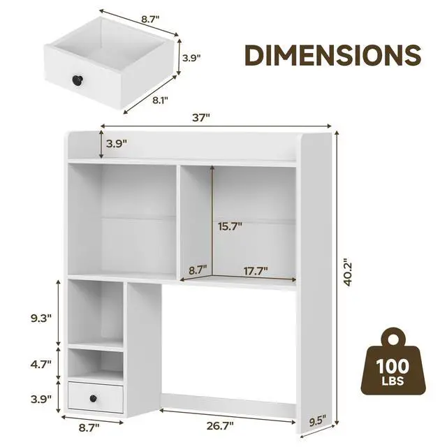 Alt view image 2 of 7 - Desktop Bookshelf for 27" Monitor, Space-Saving Engineered Wood Desk Hutch Organizer with Adjustable Shelves & Drawer, Clutter-Free Tabletop Bookcase for Dorm & Home Office, White