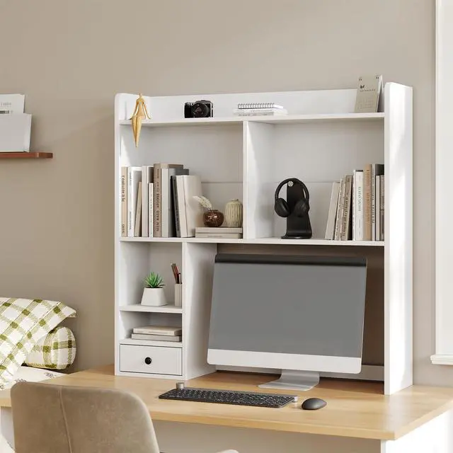 Alt view image 3 of 7 - Desktop Bookshelf for 27" Monitor, Space-Saving Engineered Wood Desk Hutch Organizer with Adjustable Shelves & Drawer, Clutter-Free Tabletop Bookcase for Dorm & Home Office, White