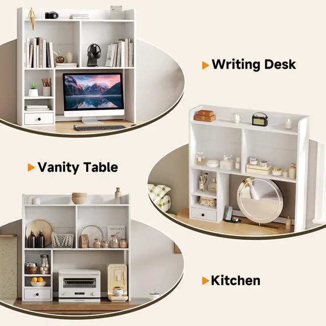 Alt view image 5 of 7 - Desktop Bookshelf for 27" Monitor, Space-Saving Engineered Wood Desk Hutch Organizer with Adjustable Shelves & Drawer, Clutter-Free Tabletop Bookcase for Dorm & Home Office, White