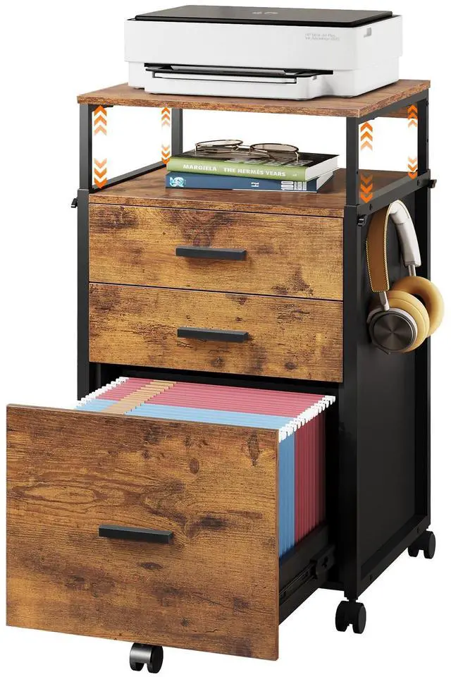 Main image of 3 Drawer File Cabinet with Adjustable Shelves, Rustic Brown | Rolling Wooden Filing Cabinet Mobile Printer Stand for Home Office, 15.7" D x 17.7" W x 40.3" H