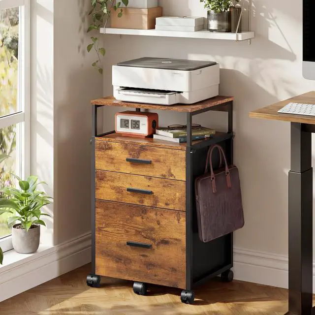 Alt view image 2 of 7 - 3 Drawer File Cabinet with Adjustable Shelves, Rustic Brown | Rolling Wooden Filing Cabinet Mobile Printer Stand for Home Office, 15.7" D x 17.7" W x 40.3" H