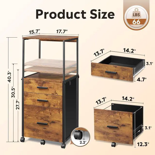 Alt view image 3 of 7 - 3 Drawer File Cabinet with Adjustable Shelves, Rustic Brown | Rolling Wooden Filing Cabinet Mobile Printer Stand for Home Office, 15.7" D x 17.7" W x 40.3" H