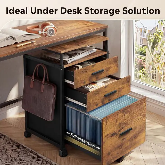 Alt view image 6 of 7 - 3 Drawer File Cabinet with Adjustable Shelves, Rustic Brown | Rolling Wooden Filing Cabinet Mobile Printer Stand for Home Office, 15.7" D x 17.7" W x 40.3" H