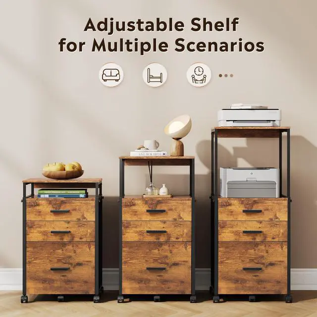 Alt view image 4 of 7 - 3 Drawer File Cabinet with Adjustable Shelves, Rustic Brown | Rolling Wooden Filing Cabinet Mobile Printer Stand for Home Office, 15.7" D x 17.7" W x 40.3" H