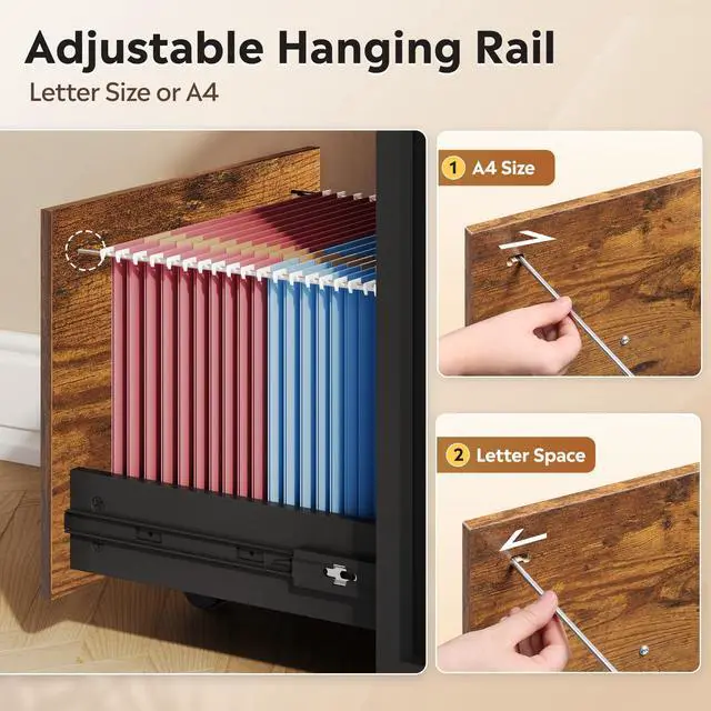 Alt view image 5 of 7 - 3 Drawer File Cabinet with Adjustable Shelves, Rustic Brown | Rolling Wooden Filing Cabinet Mobile Printer Stand for Home Office, 15.7" D x 17.7" W x 40.3" H