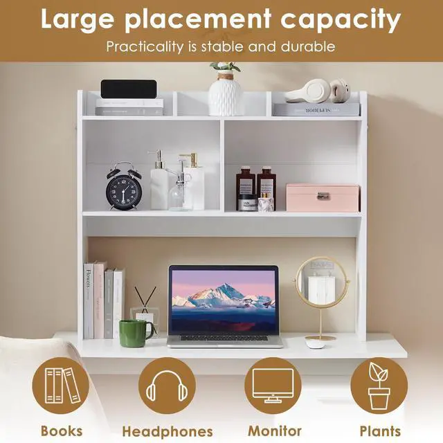 Alt view image 4 of 7 - Desktop Bookshelf, Wooden Desk Storage Hutch with 5 Shelves, 3-Tier Desktop Display Organizer Rack for Office Home (White, 5 Shelves B)