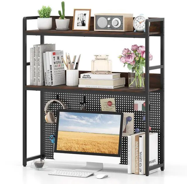 Main image of Desktop Bookshelf, Multipurpose 2-Tier Desk Hutch with Pegboard, Industrial Countertop Storage Organizer Rack for up to 32" Computer Monitor, Hutch for Dorm Home Office (Rustic Brown)