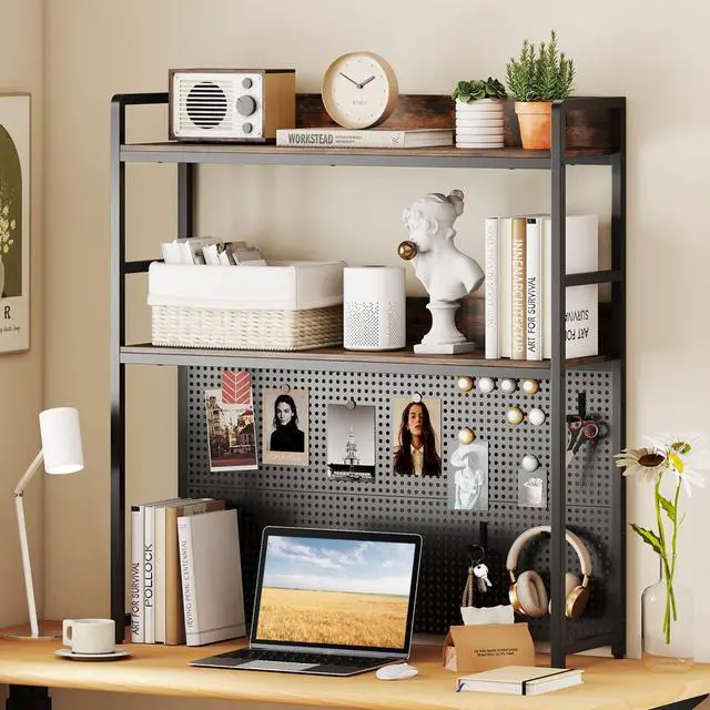 Alt view image 2 of 7 - Desktop Bookshelf, Multipurpose 2-Tier Desk Hutch with Pegboard, Industrial Countertop Storage Organizer Rack for up to 32" Computer Monitor, Hutch for Dorm Home Office (Rustic Brown)