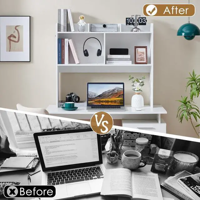 Alt view image 6 of 7 - Desktop Bookshelf, Wooden Desk Storage Hutch with 5 Shelves, 3-Tier Desktop Display Organizer Rack for Office Home (White, 5 Shelves B)