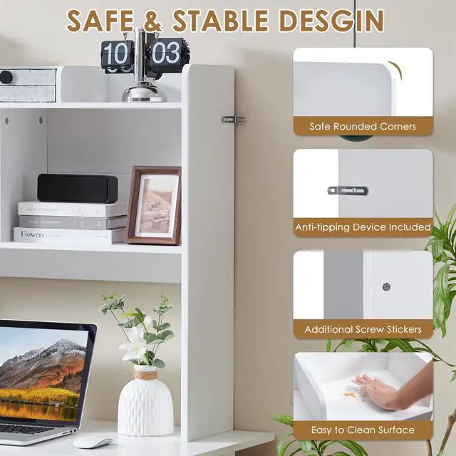 Alt view image 5 of 7 - Desktop Bookshelf, Wooden Desk Storage Hutch with 5 Shelves, 3-Tier Desktop Display Organizer Rack for Office Home (White, 5 Shelves B)