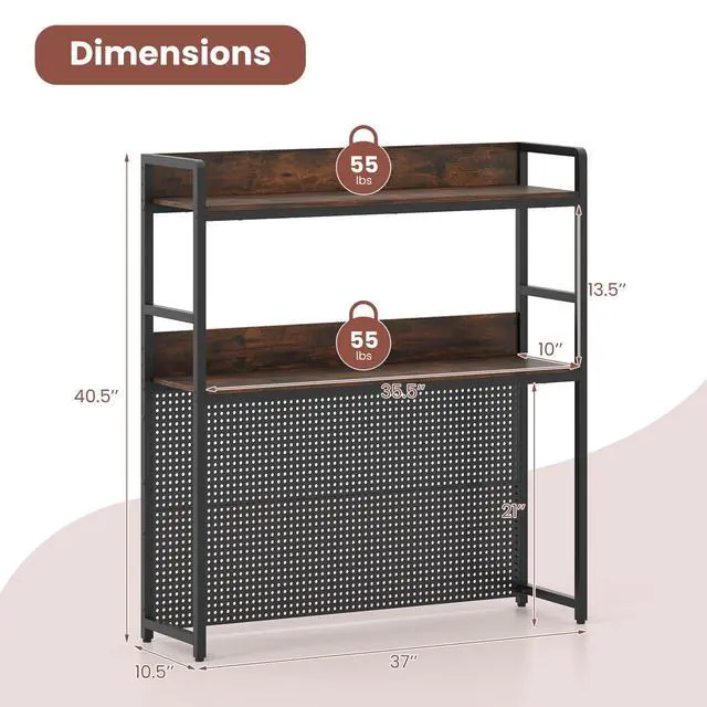 Alt view image 3 of 7 - Desktop Bookshelf, Multipurpose 2-Tier Desk Hutch with Pegboard, Industrial Countertop Storage Organizer Rack for up to 32" Computer Monitor, Hutch for Dorm Home Office (Rustic Brown)