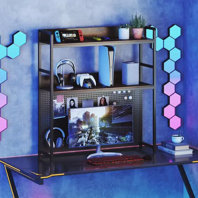 Alt view image 5 of 7 - Desktop Bookshelf, Multipurpose 2-Tier Desk Hutch with Pegboard, Industrial Countertop Storage Organizer Rack for up to 32" Computer Monitor, Hutch for Dorm Home Office (Rustic Brown)