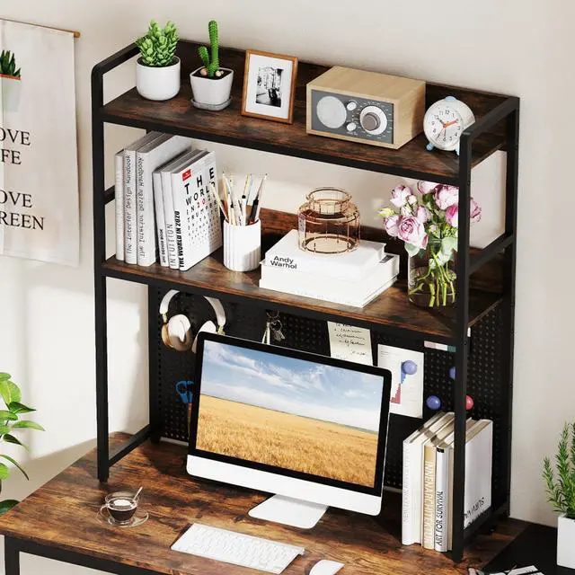Alt view image 4 of 7 - Desktop Bookshelf, Multipurpose 2-Tier Desk Hutch with Pegboard, Industrial Countertop Storage Organizer Rack for up to 32" Computer Monitor, Hutch for Dorm Home Office (Rustic Brown)