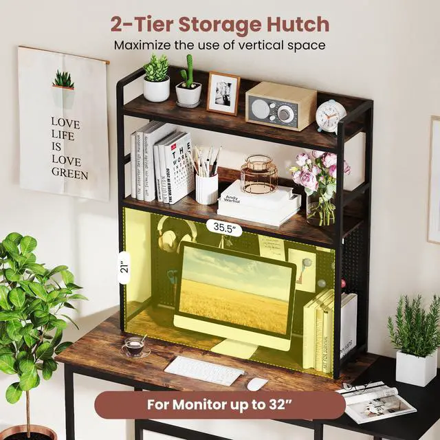 Alt view image 7 of 7 - Desktop Bookshelf, Multipurpose 2-Tier Desk Hutch with Pegboard, Industrial Countertop Storage Organizer Rack for up to 32" Computer Monitor, Hutch for Dorm Home Office (Rustic Brown)