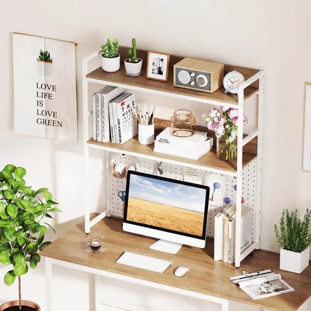 Alt view image 2 of 7 - Desktop Bookshelf, Multipurpose 2-Tier Desk Hutch with Pegboard, Industrial Countertop Storage Organizer Rack for up to 32" Computer Monitor, Hutch for Dorm Home Office (Natural)