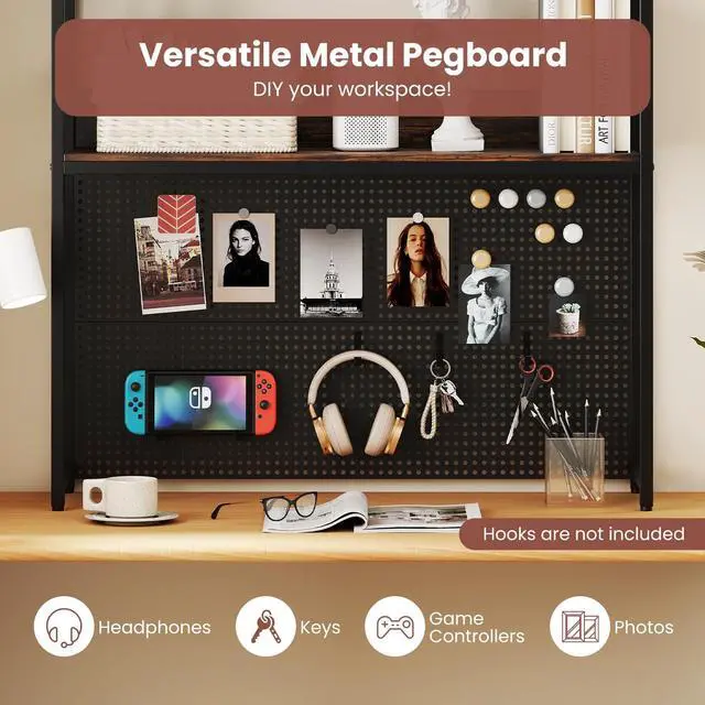 Alt view image 6 of 7 - Desktop Bookshelf, Multipurpose 2-Tier Desk Hutch with Pegboard, Industrial Countertop Storage Organizer Rack for up to 32" Computer Monitor, Hutch for Dorm Home Office (Rustic Brown)