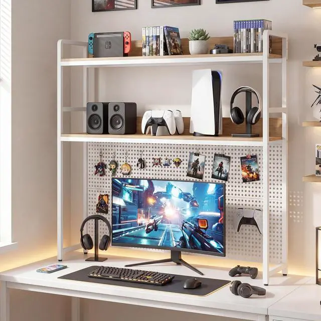 Alt view image 5 of 7 - Desktop Bookshelf, Multipurpose 2-Tier Desk Hutch with Pegboard, Industrial Countertop Storage Organizer Rack for up to 32" Computer Monitor, Hutch for Dorm Home Office (Natural)