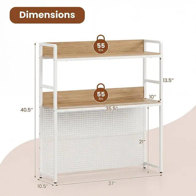 Alt view image 3 of 7 - Desktop Bookshelf, Multipurpose 2-Tier Desk Hutch with Pegboard, Industrial Countertop Storage Organizer Rack for up to 32" Computer Monitor, Hutch for Dorm Home Office (Natural)