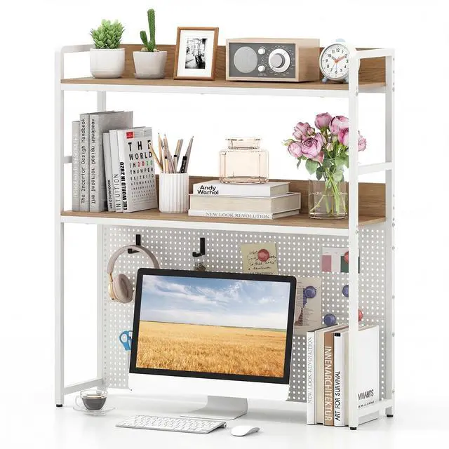 Main image of Desktop Bookshelf, Multipurpose 2-Tier Desk Hutch with Pegboard, Industrial Countertop Storage Organizer Rack for up to 32" Computer Monitor, Hutch for Dorm Home Office (Natural)