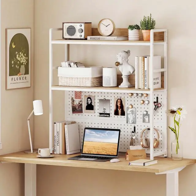 Alt view image 4 of 7 - Desktop Bookshelf, Multipurpose 2-Tier Desk Hutch with Pegboard, Industrial Countertop Storage Organizer Rack for up to 32" Computer Monitor, Hutch for Dorm Home Office (Natural)