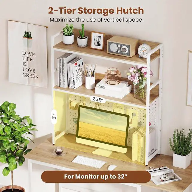 Alt view image 6 of 7 - Desktop Bookshelf, Multipurpose 2-Tier Desk Hutch with Pegboard, Industrial Countertop Storage Organizer Rack for up to 32" Computer Monitor, Hutch for Dorm Home Office (Natural)