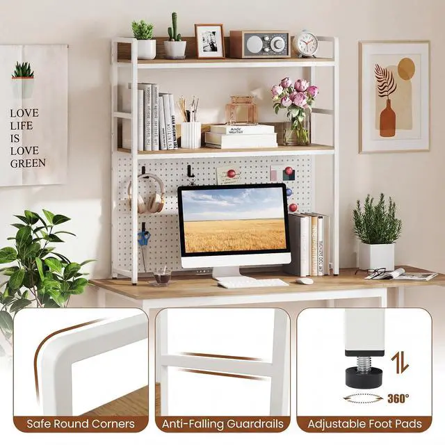 Alt view image 7 of 7 - Desktop Bookshelf, Multipurpose 2-Tier Desk Hutch with Pegboard, Industrial Countertop Storage Organizer Rack for up to 32" Computer Monitor, Hutch for Dorm Home Office (Natural)