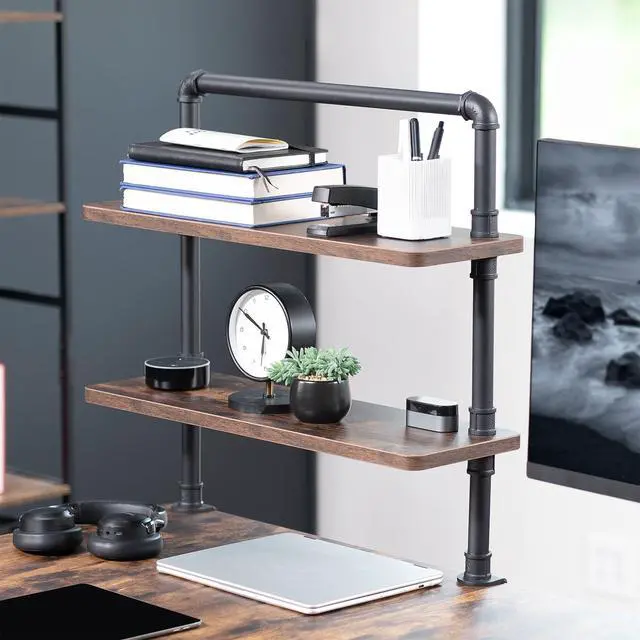 Alt view image 2 of 7 - Clamp-on Premium 24 inch Industrial Pipe 2-Tier Tabletop Shelving, Heavy Duty Desk Extension Organizer, Modern Desktop Display Shelf, Rustic Vintage Brown Shelves, DESK-SHELF24-2N